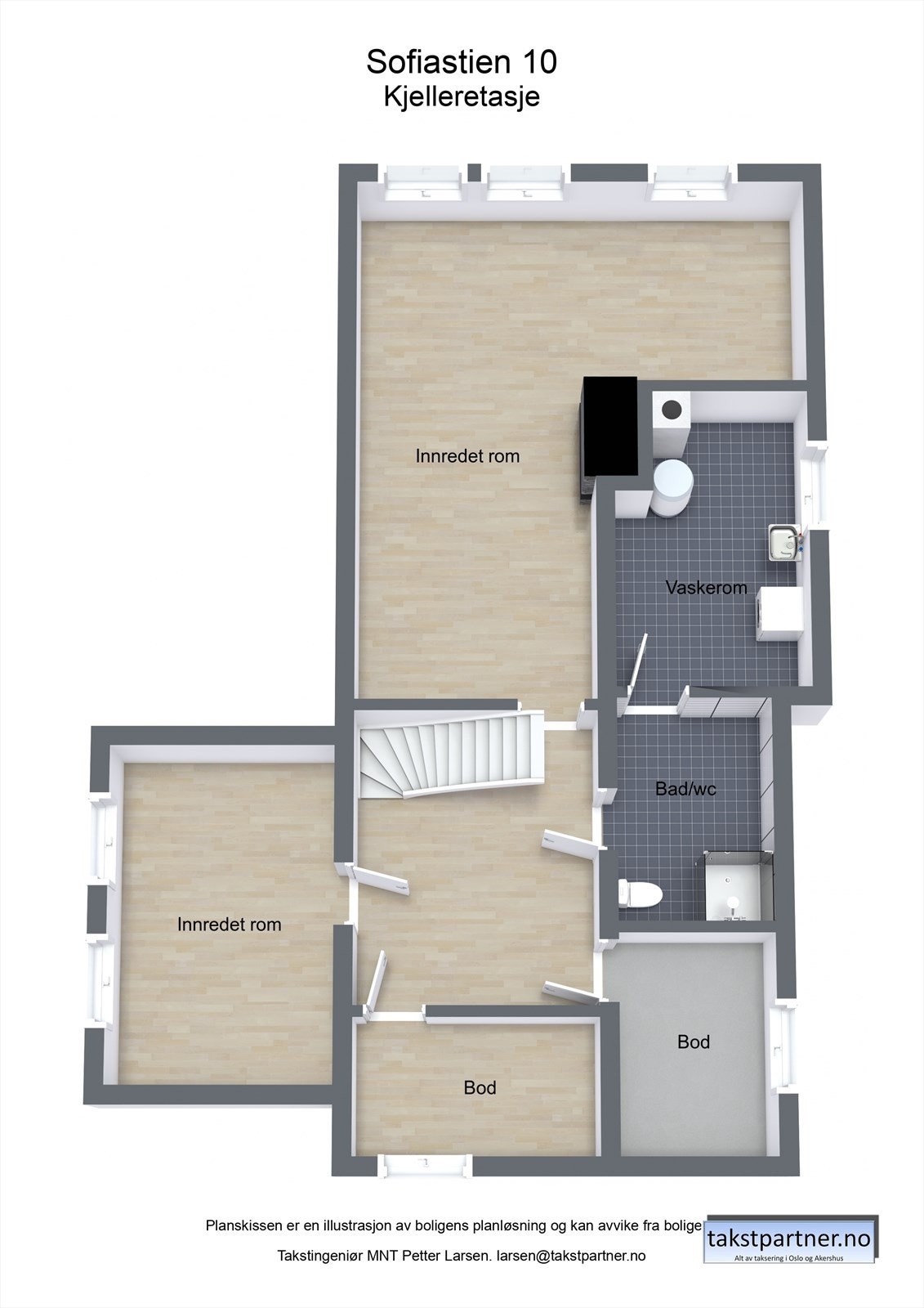 Boligen har en kjeller med bla. våtrom, boder og innredede rom. Etasjen er ikke godkjent brukt til oppholdsrom. Galleribilde