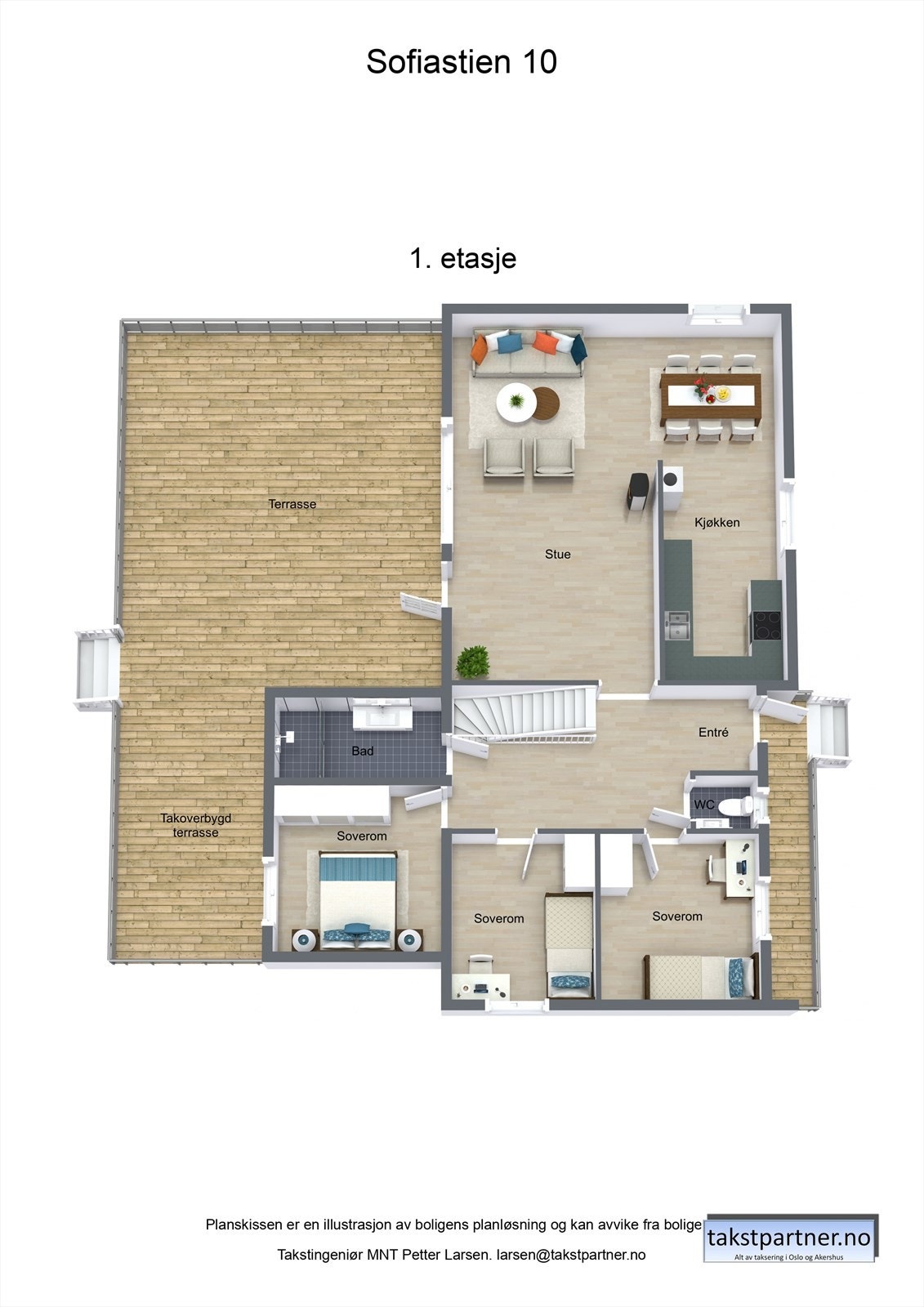 Boligen kan bl.a. by på tre soverom og en hyggelig sosial sone. Det er våtrom i begge etasjer. Galleribilde