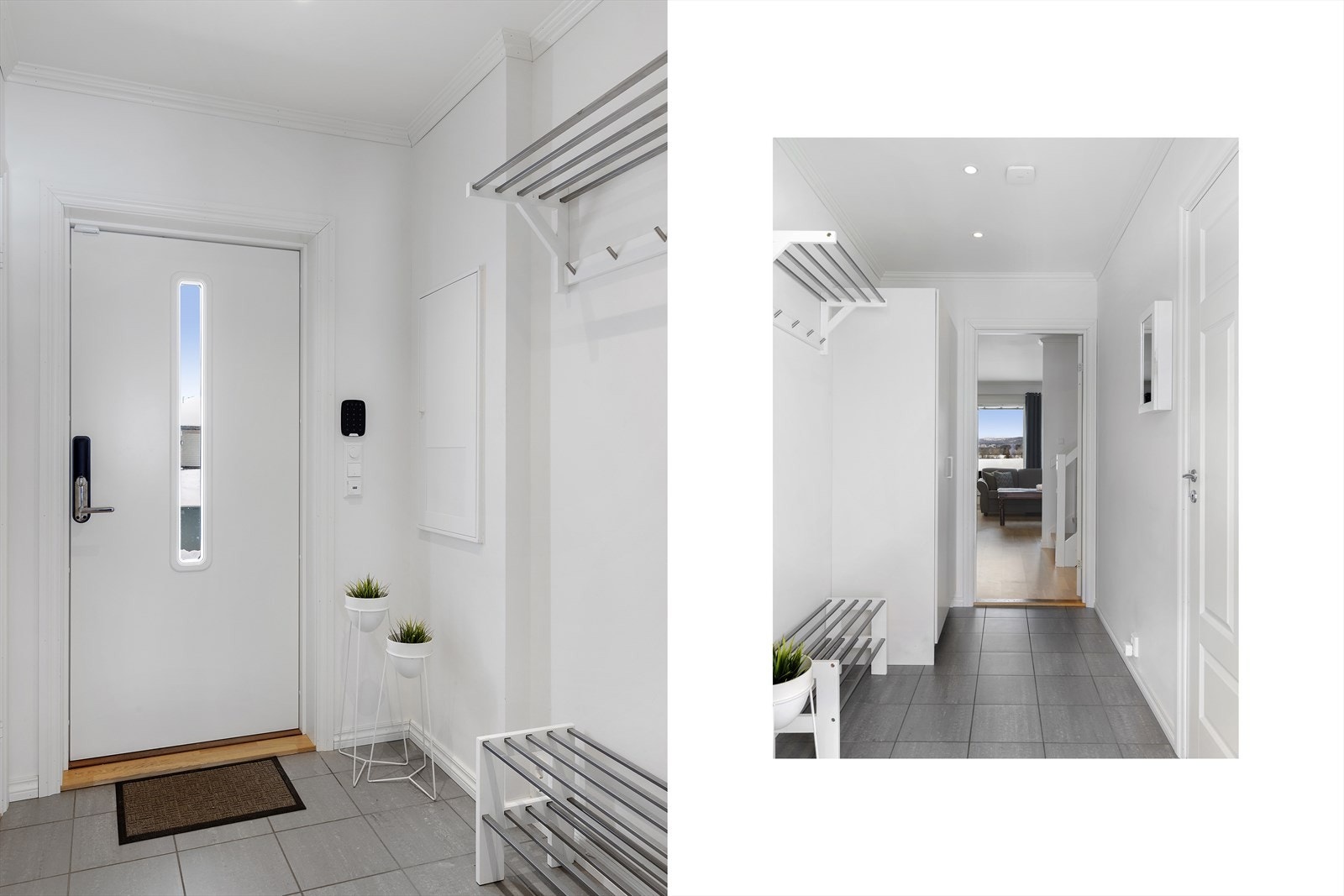 Innbydende entré med flislagt gulv og varmekabler. Downlihts i himling. Ytterdør med elektrisk kodelås og glassfelt. Galleribilde