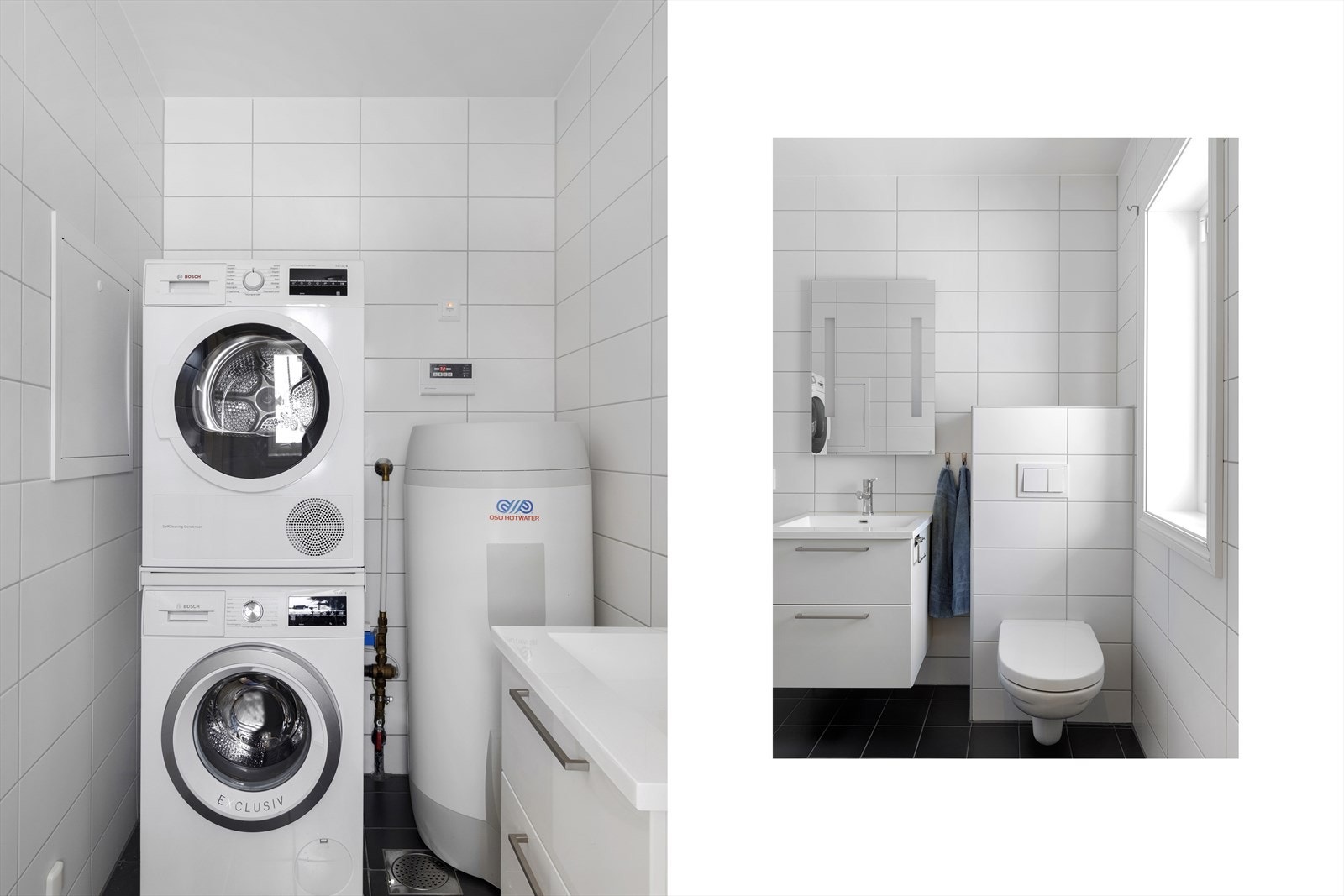 Toalett/vaskerom med praktisk tilgang fra entreen. Varmekabler i gulv. Galleribilde