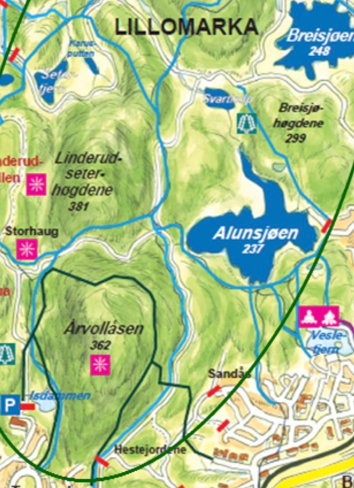 Den blå løypa nede til venstre viser inngang til marka (Hadelandsveien/stien), denne starter i enden av garasjerekken til borettslaget Galleribilde