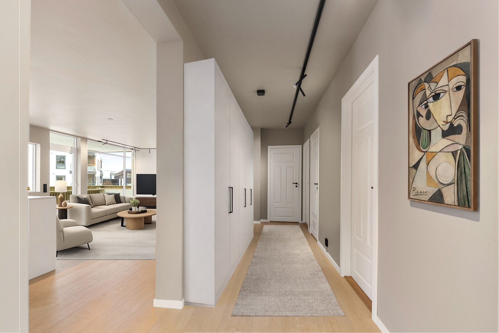 Velkomen inn. Leiligheten har smakfulle detaljer og gjennomgående stilrent design. Perfekt for dem som verdsetter kvalitet. (Digitalt møblert) Galleribilde