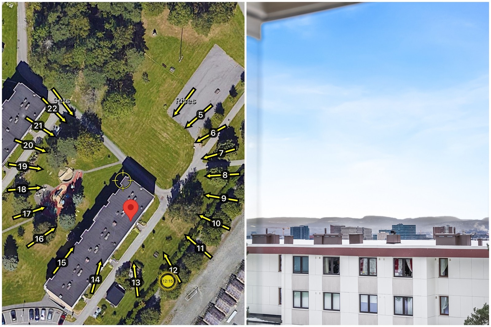 Den nordvestvendte beliggenheten sørger for meget gode solforhold på balkogen. Det er montert markise i overbygget for solskjerming. Galleribilde