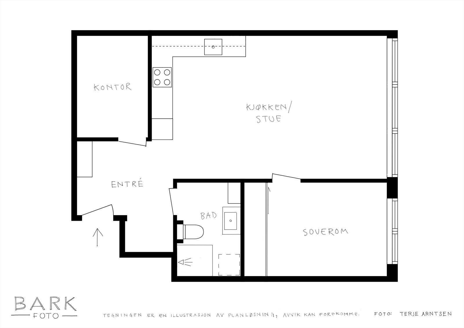 Super planlønsning. Leiligheten ble noe ombygget av forrige eier, hvor det bl.a. ble etablert et utrolig praktisk kontor i tillegg til soverommet. Galleribilde