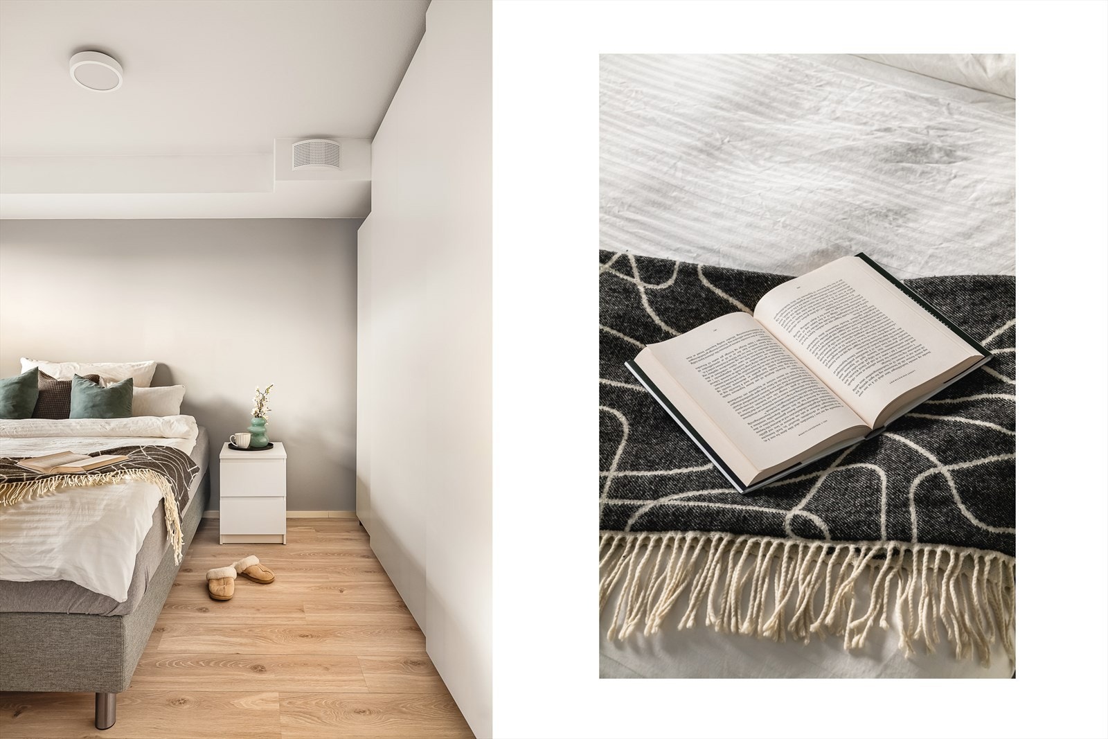 Rommet er innredet med langstrakt skyvedørsgarderobe med hvite fronter. Galleribilde