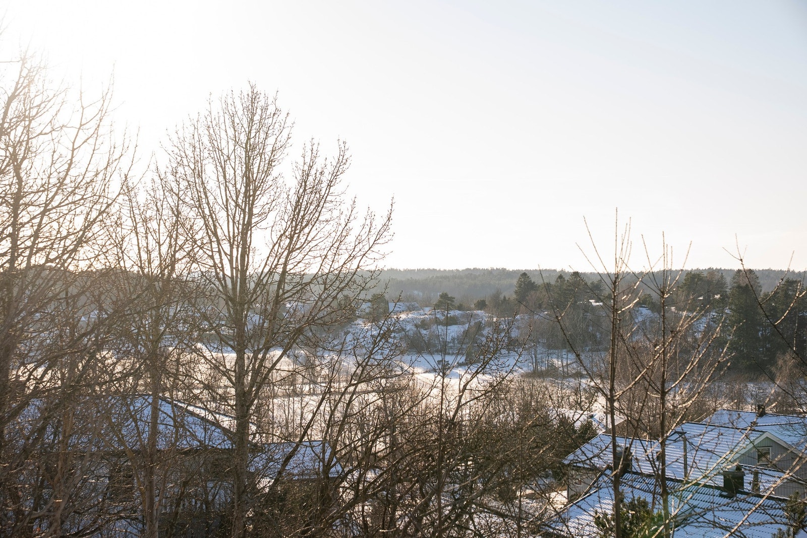 Vinterutsikt fra eiendommen - med morgensol over snødekte jorder og åsrygger i horisonten. Galleribilde