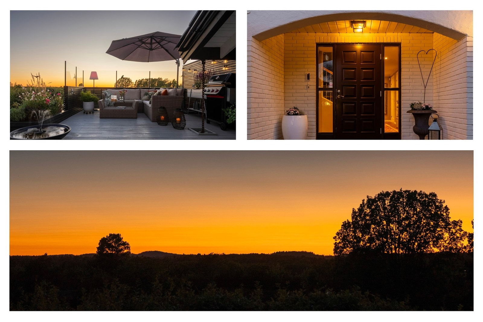 Solnedgangen kan nytes fra terrassen med levende lys og utsikt over skog og åser - en avslutning på dagen i helt unike omgivelser. Galleribilde