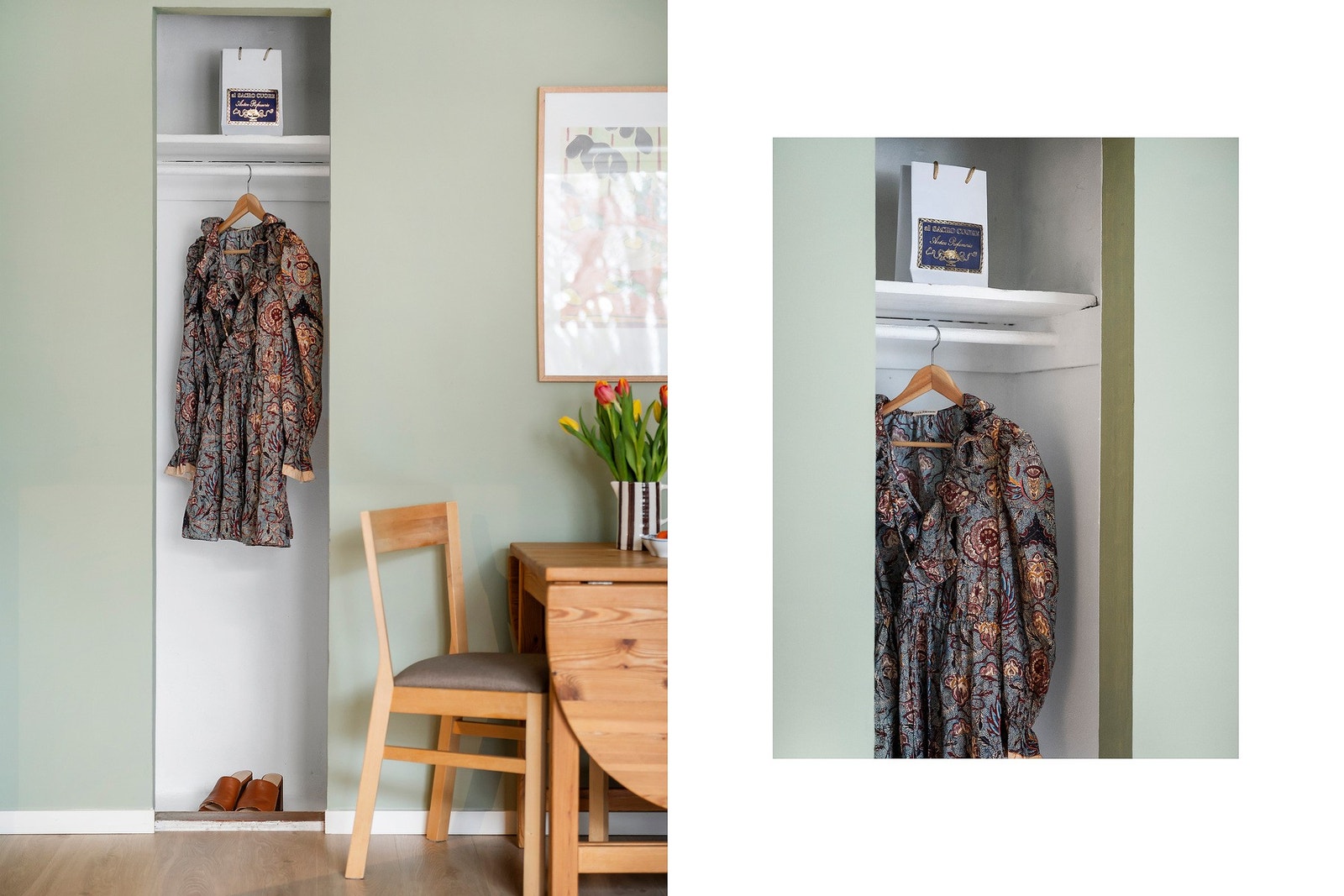 Praktisk nisje i stuen med oppbevaringsplass Galleribilde