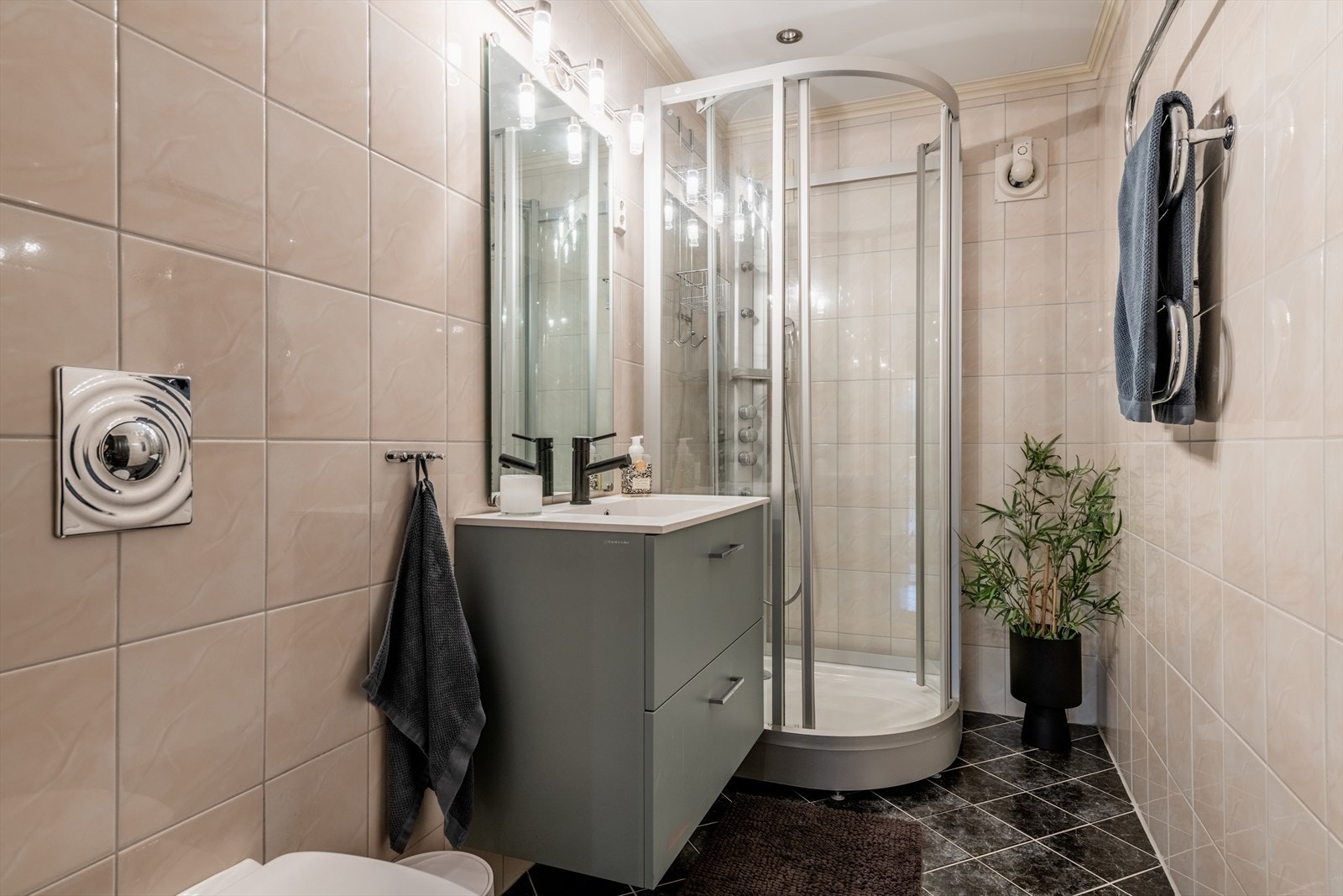 Bad med toalett, dusj og enkel servant i underetasjen. Galleribilde