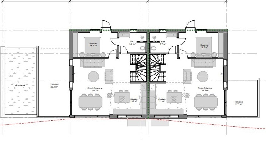 Plantegning 1. etg. Det er enheten til høyre på bildet som er til salgs. Stor voksenavdeling med eget soverom og bad. I tillegg er det en stor og åpen stue- og kjøkkenløsning. Galleribilde