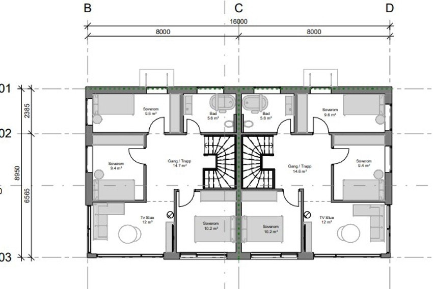 Plantegning 2. etg. Det er enheten til høyre på bildet som er til salgs. Fin etasje med tre soverom, bad og stue. Galleribilde