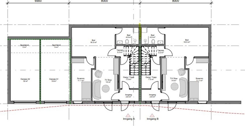 Plantegning underetasje. etg. Det er enheten til høyre på bildet som er til salgs. Se mulighetene som ligger i den separate inngangen i inngangsetasjen. Galleribilde