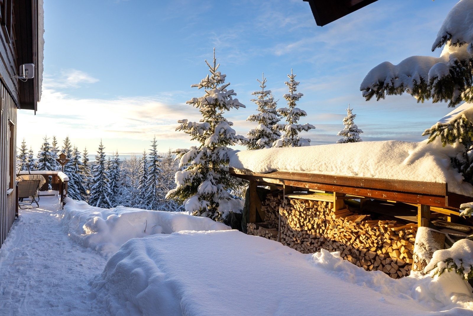 Praktisk vedskjul med tak, ideelt for enkel og ryddig vedoppbevaring. Galleribilde