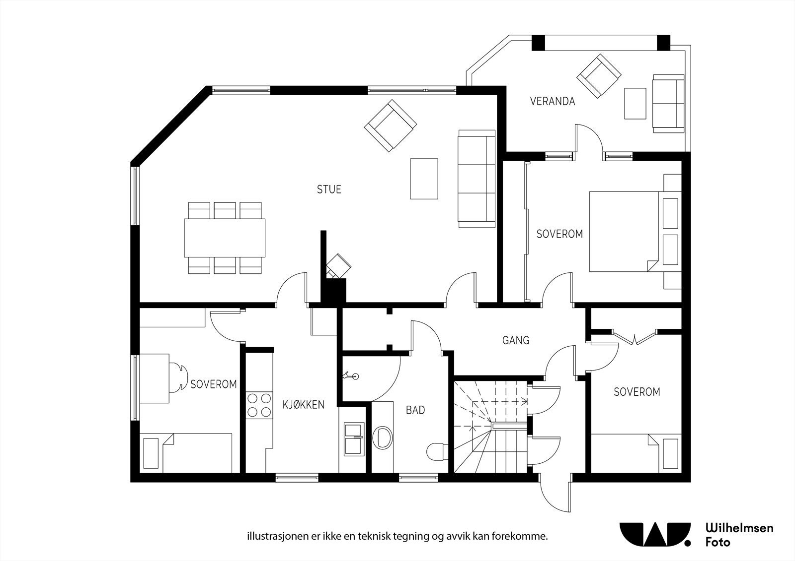 Gjennomtenkt planløsning på 92 kvm, innredet med entré, gang, bad, tre soverom, kjøkken og romslig stue. Galleribilde