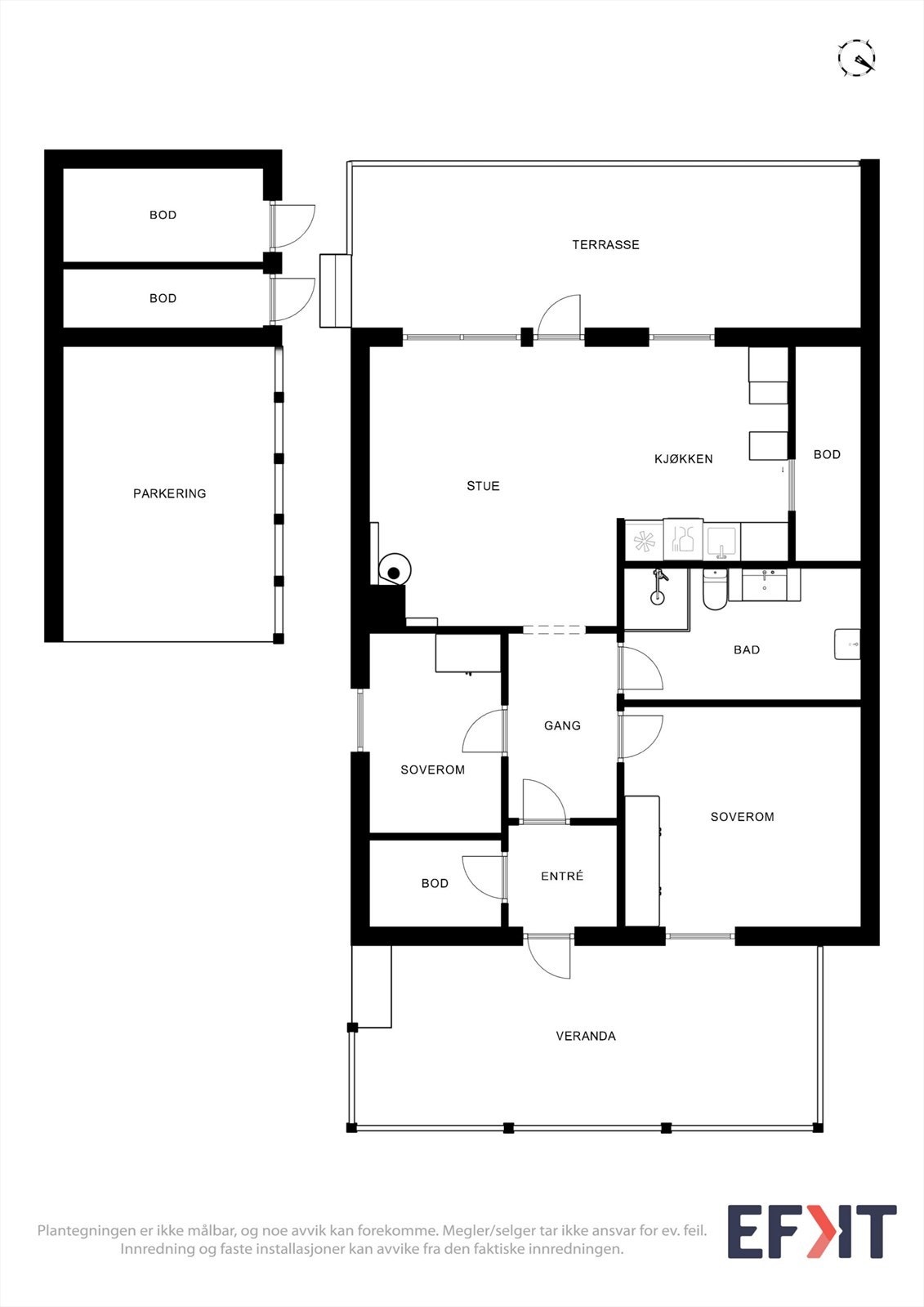 Planløsningen er arealeffektiv med alt på ett plan, to soverom og rikelig med bodplass. Galleribilde