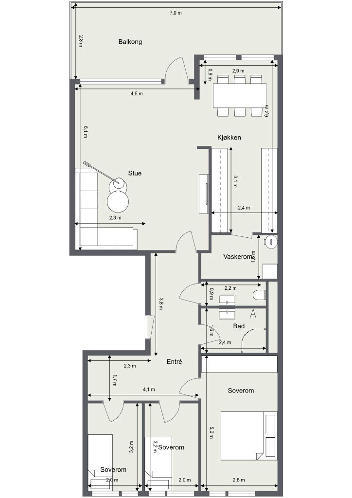 Leiligheten er beliggende i 2. etasje. Alle vegger er lettvegger, og en kan enkelt endre planløsningen. Galleribilde