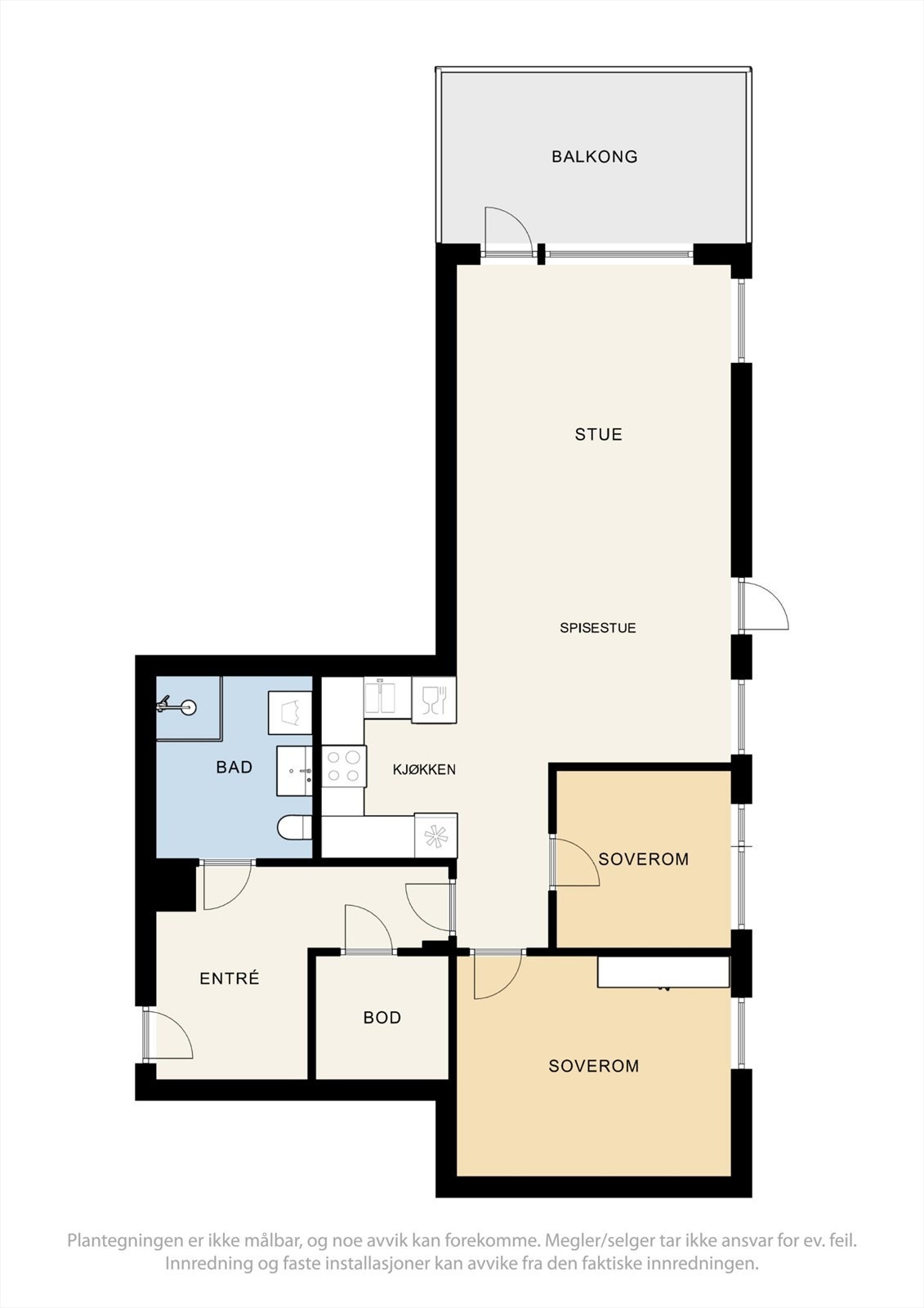 Leiligheten har en arealeffektiv planløsning på 70 m² med to soverom, bad og en praktisk innvendig bod. Galleribilde