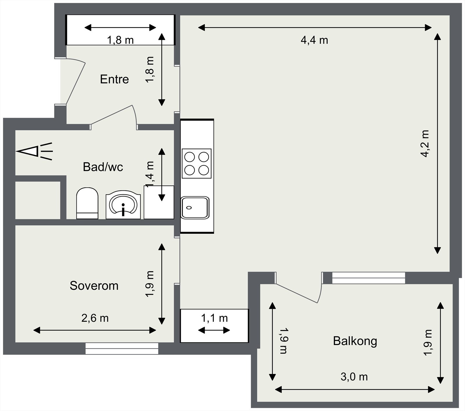 Planløsningen er arealeffektiv og omfatter entré, bad, soverom og en åpen stue- og kjøkkenløsning. Galleribilde