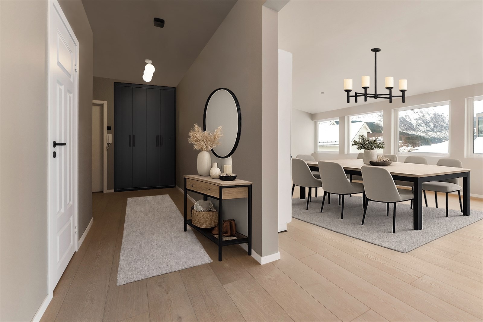 Lys og romslig entre/gang med moderne belysning. Perfekt for eit innbydande førsteinntrykk i leiligheita. Digital møblering Galleribilde