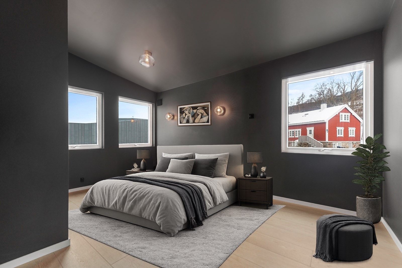 Romslig og moderne soverom med store vinduer. Digital møblering Galleribilde