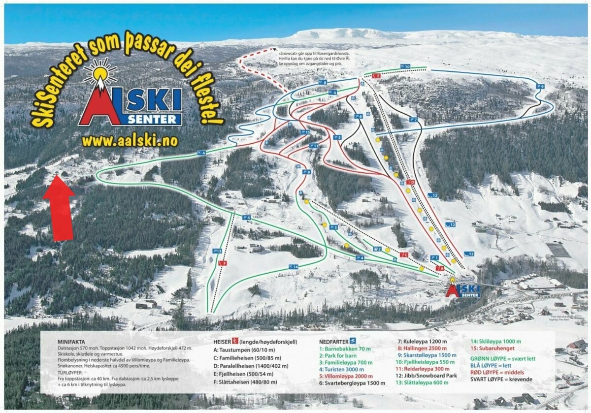 Vinterkart av alpinanlegget og hvor hytta ligger Galleribilde