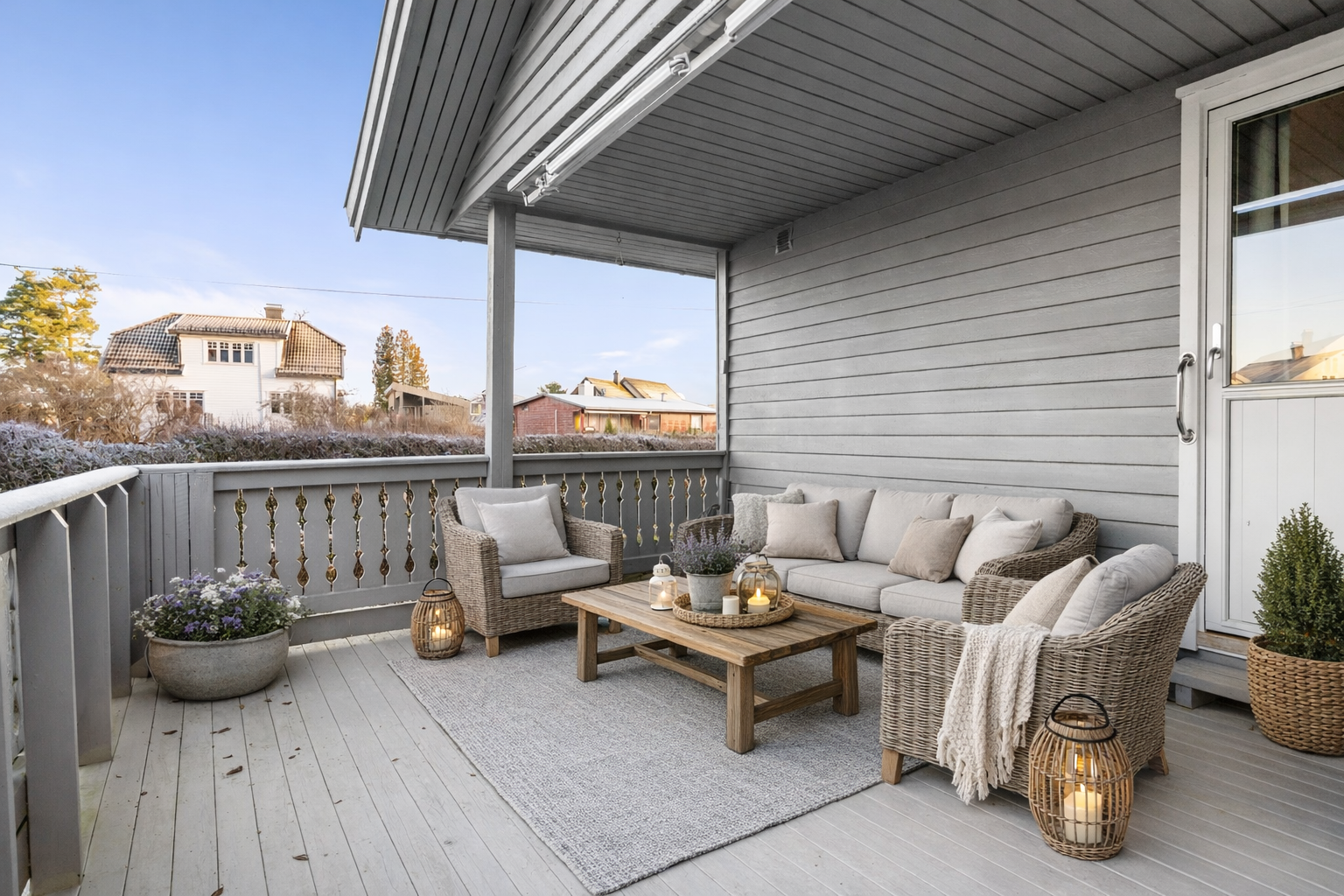 Fra stuen er det utgang til en hyggelig og delvis overbygget veranda mot nordvest, med fin plass til utemøbler.
Bildet er digitalt møblert og avvik kan forekomme. Galleribilde