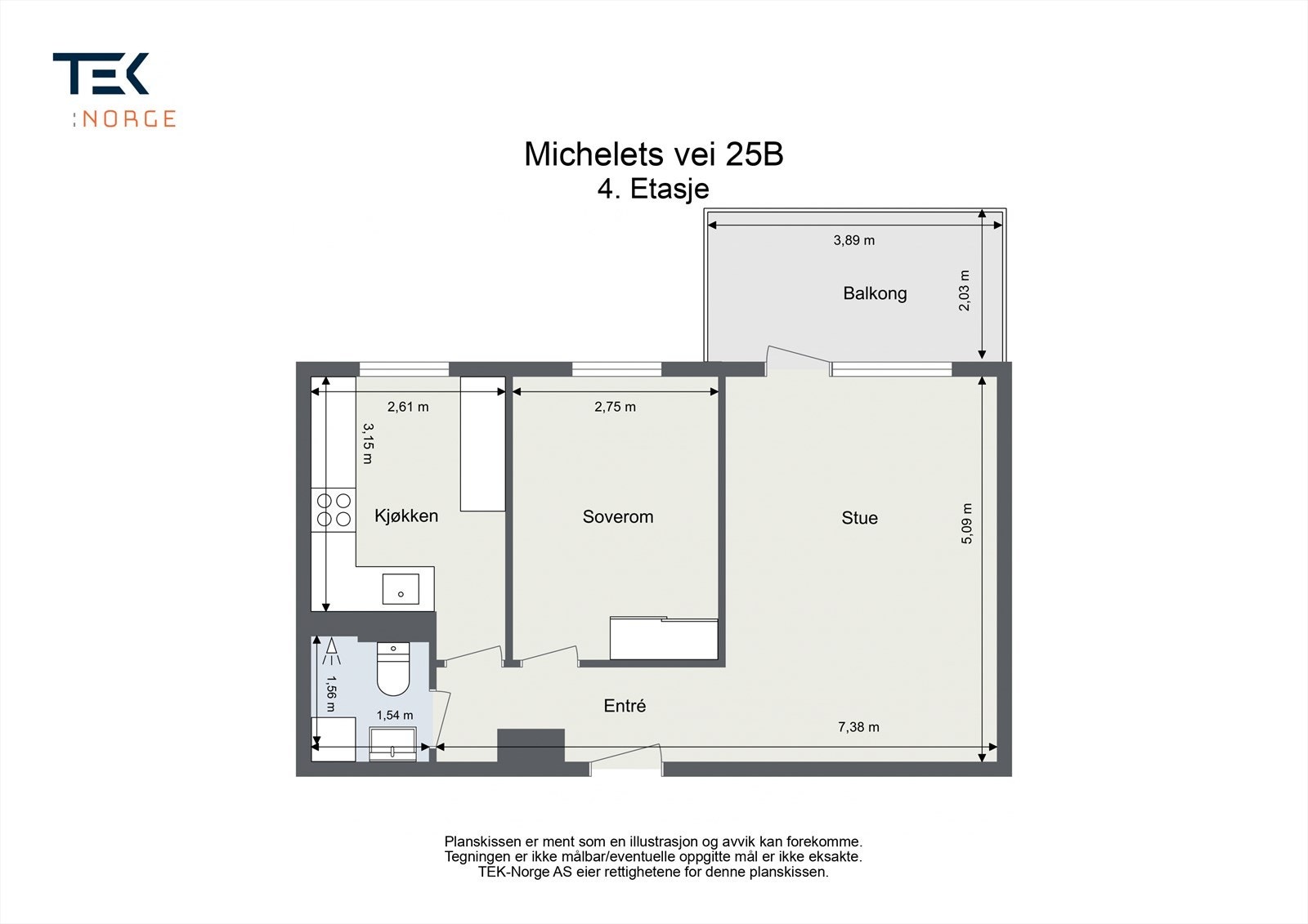 Leiligheten har en klassisk og velfungerende planløsning som omfatter entré, bad, kjøkken, soverom og stue med utgang til balkong. Galleribilde