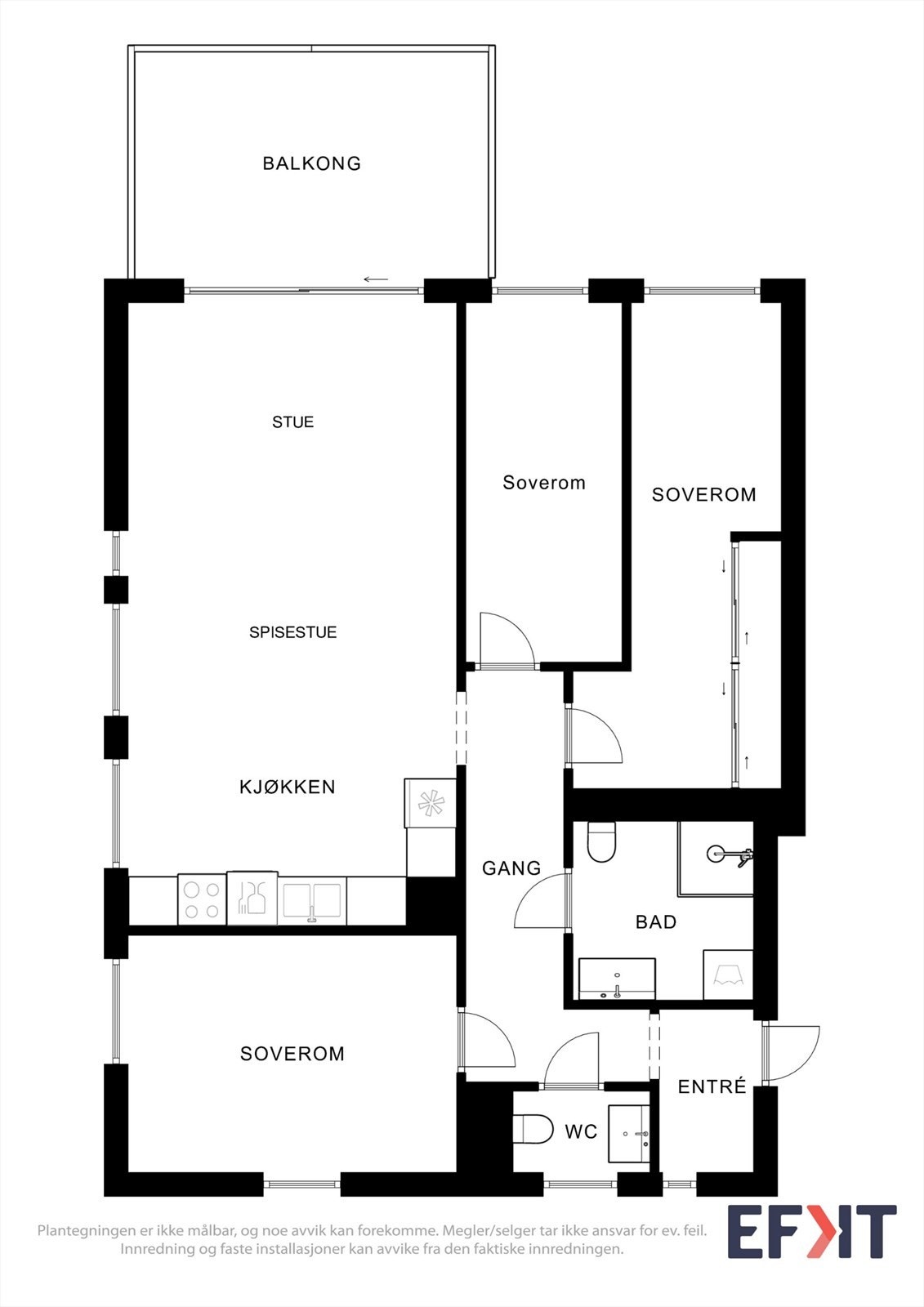 Leiligheten har en god planløsning med 3 soverom og 2 toaletter. Galleribilde