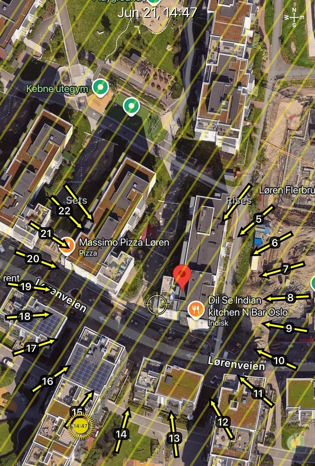 Solkart er kun ment som en illustrasjon over solforholdene midtsommers (21.6). Teknologien som brukes kan slå feil pga. kalibrering e.l. Solforhold må derfor også kontrolleres selv ved hjelp av kompass, kart eller egen app hvis dette er av betydning Galleribilde