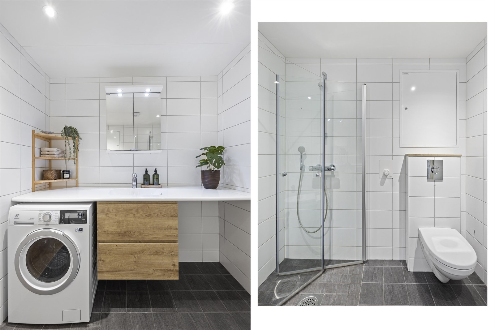 Badet består av vegghengt toalett, benkeplate med innfelt servant, underskap med doble skuffer, overskap med speil og lys, samt dusjhjørne med vegghengte dører i glass. Taket har himlingsplater i stål med integrerte downlights Galleribilde