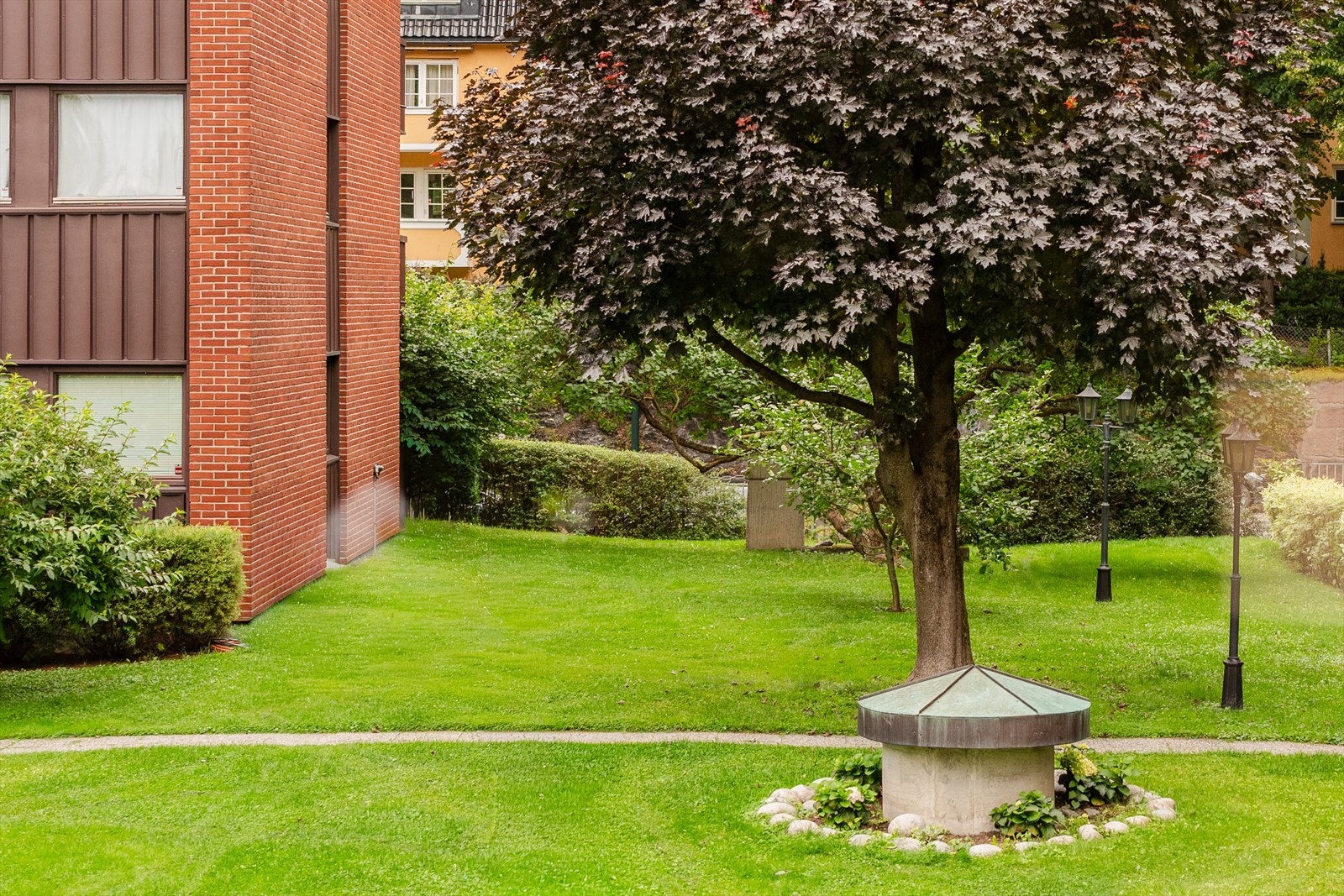 Felles hage med gressplen, beplantning og utemøbler. Gartner som har ansvaret for dette uteområde. Galleribilde