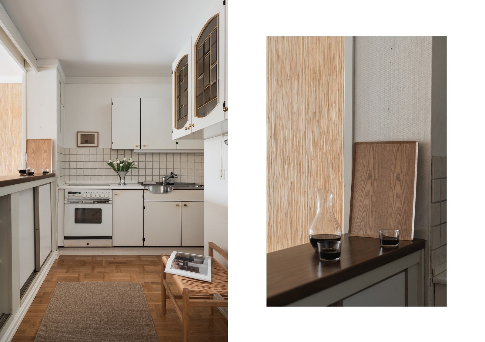 Kjøkkenet har en funksjonell innredning med glatte fronter og benkeplate i laminat og stål. Det er utstyrt med kjøl-/fryseskap, oppvaskmaskin, platetopp og stekeovn. Naturlig avtrekk fra kjøkken. Galleribilde