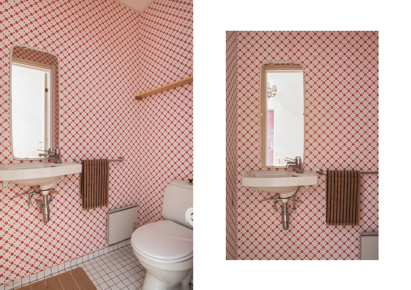 Toalettrom med tapet på vegger og fliser på gulv. Rommet er innredet med gulvstående toalett og enkel servant. Naturlig avtrekk fra rommet. Galleribilde