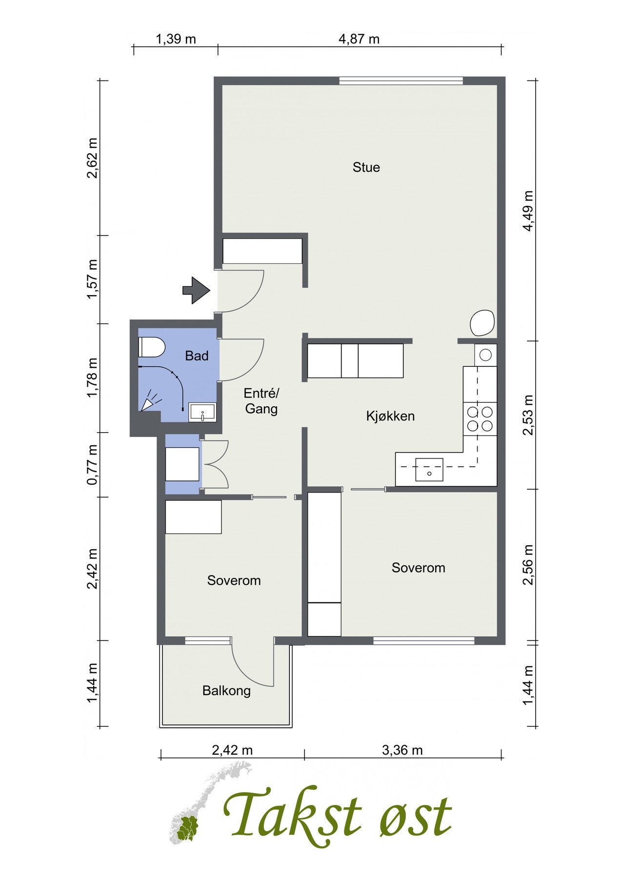 Plantegning. I tillegg disponerer leiligheten en kjellerbod på 4,2 kvm og en loftsbod med gulvareal på ca. 9,5 kvm. Galleribilde