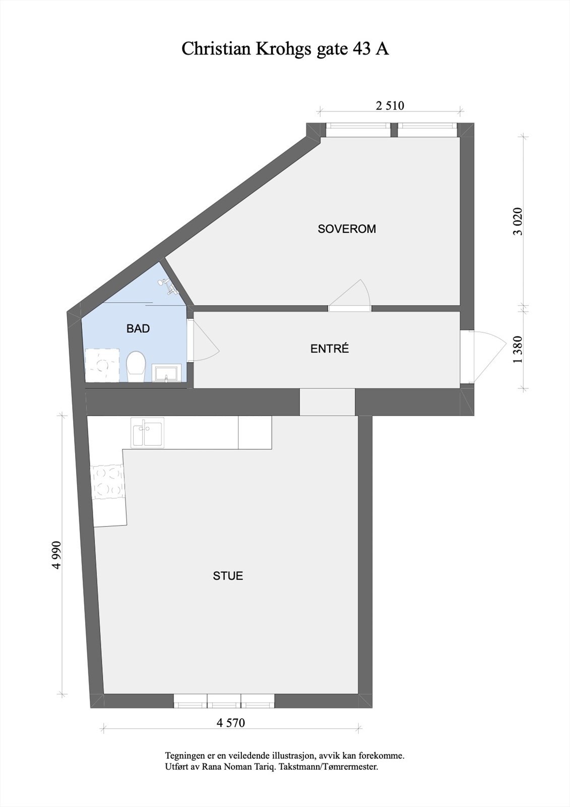 Plantegning. Boligen inneholder stue/kjøkken, entré, bad og ett soverom. Galleribilde