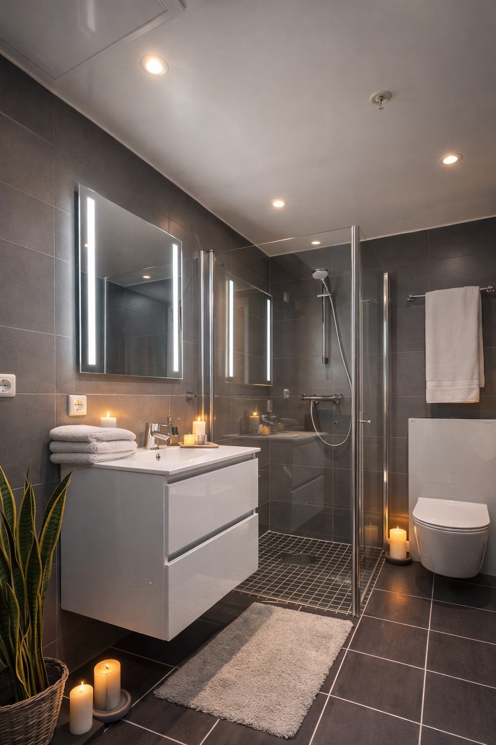 Romslig og pent baderom med fliser på gulv og vegger, gulvvarme og rikelig med oppbevaring Galleribilde