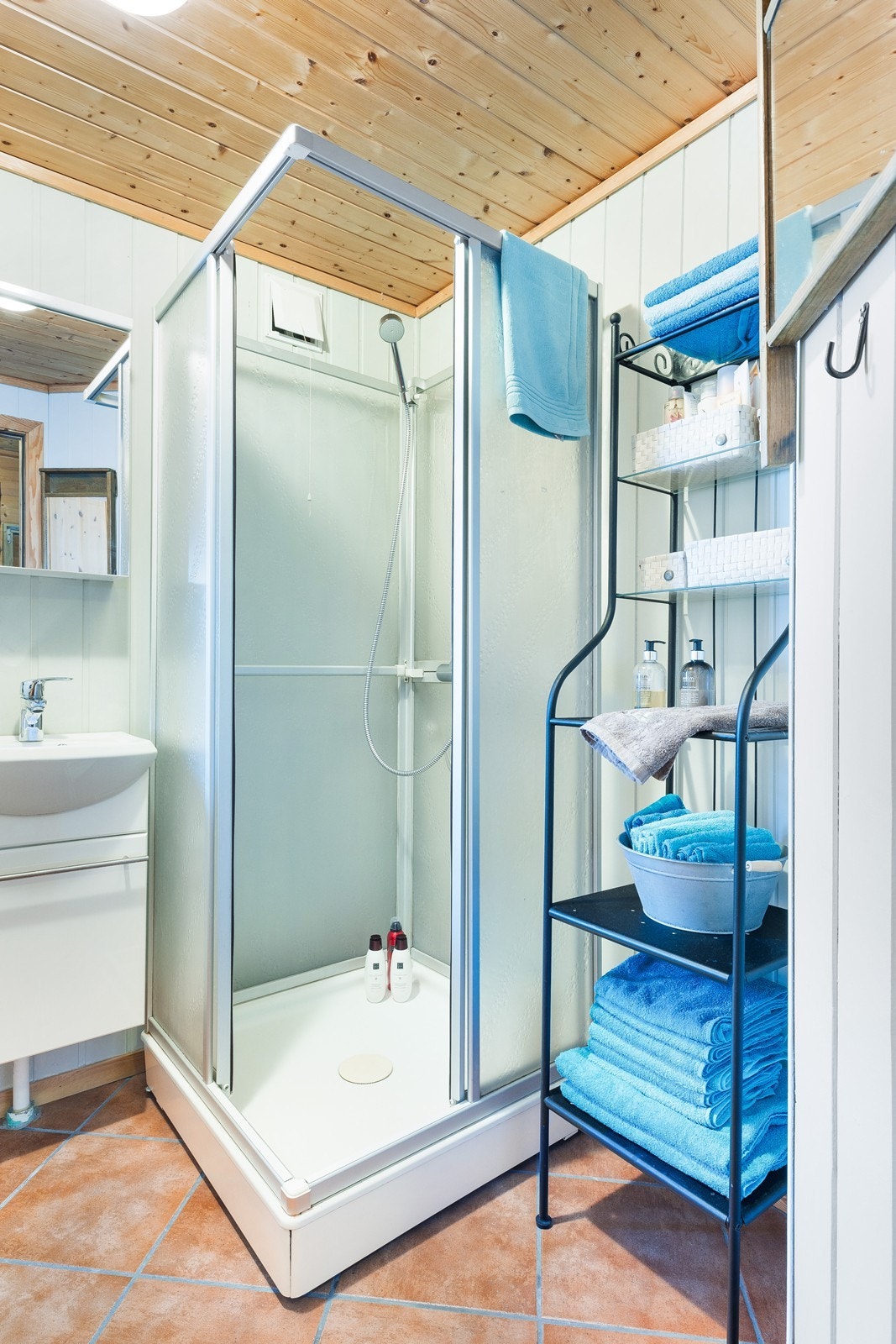 Badet har dusjkabinett og plass til ulike skap og hyller for oppbevaring. Galleribilde