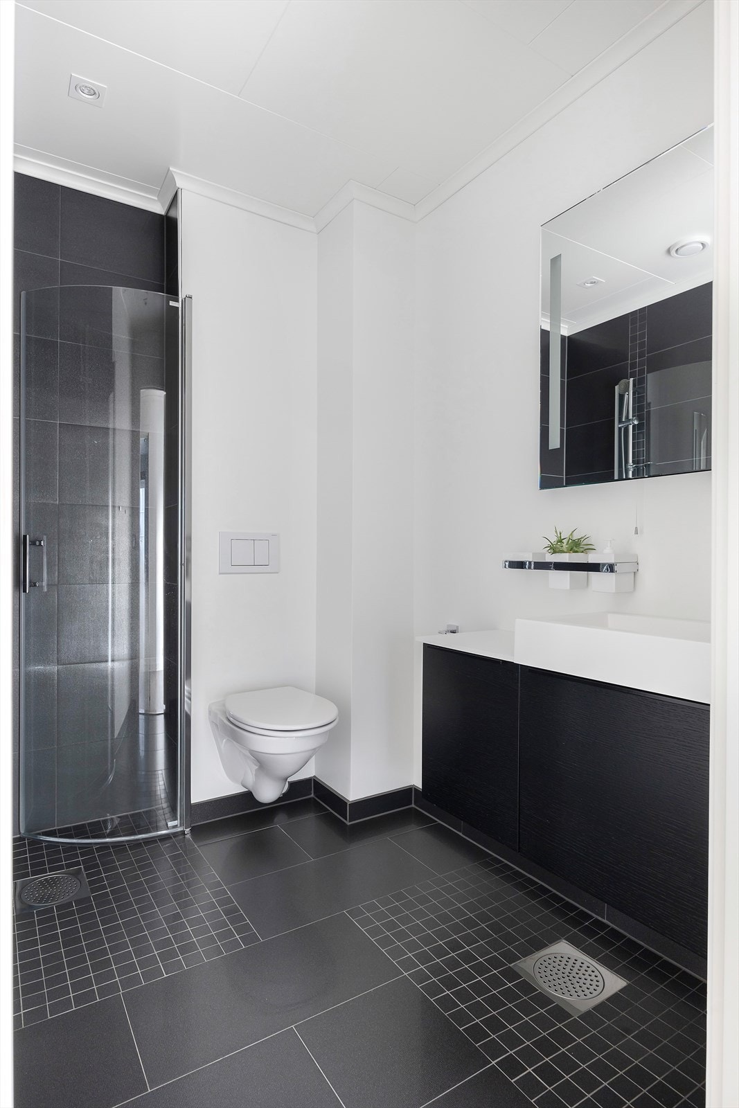 Badet i underetasjen er utstyrt med dusjhjørne med glassdører, vegghengt toalett og servant med benkeskap Galleribilde