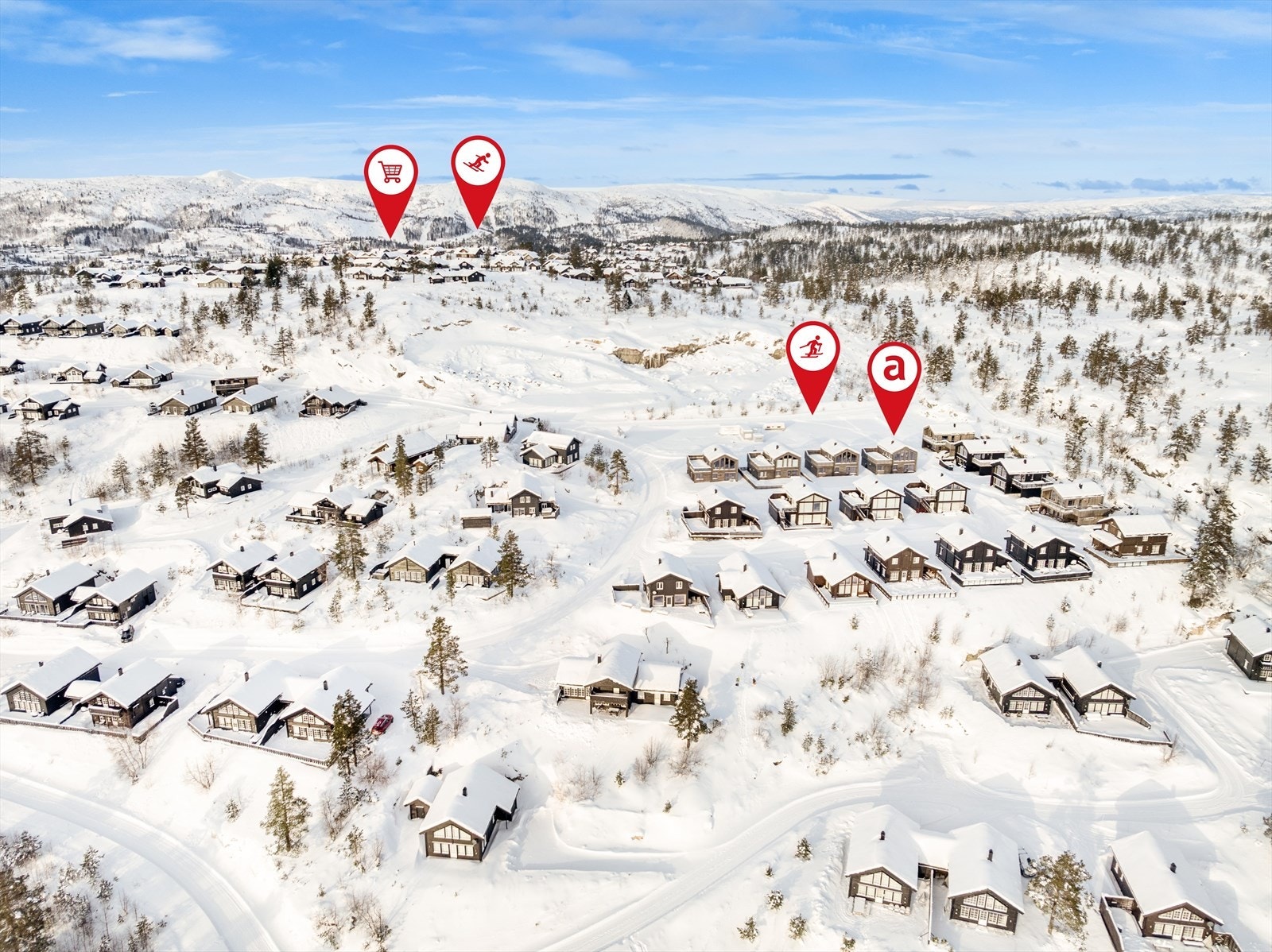 Her ser du avstanden til butikk, skistadion med slalombakke og selvsagt langsrennsløypa rett utenfor døra! Galleribilde
