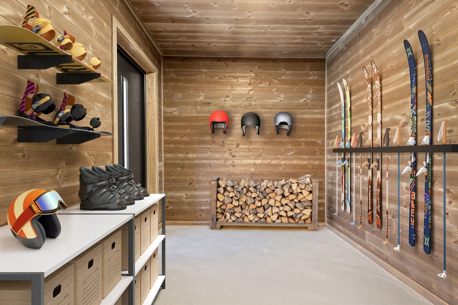 Innvendig bod med slitesterkt gulv og flere alternativer for møblering - Her kan du innrede egen skistall, oppbevare ved, vinterleker, sykler mm (Digitalt stylet bilde) Galleribilde