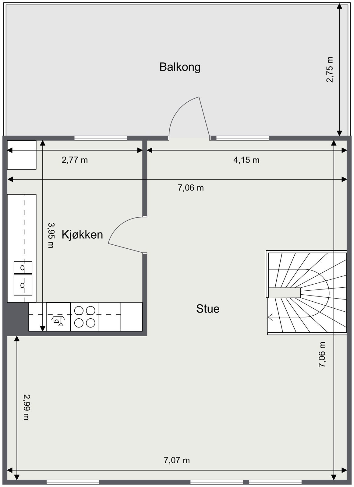 Andre etasje består av en åpen stue- og kjøkkenløsning med utgang til en stor balkong. Galleribilde