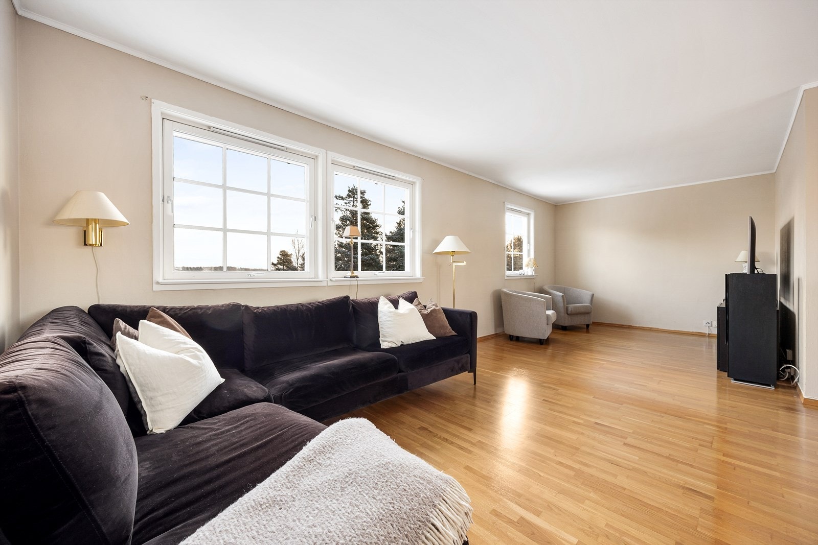 Stuen har god plass til en stor sofagruppe. Galleribilde