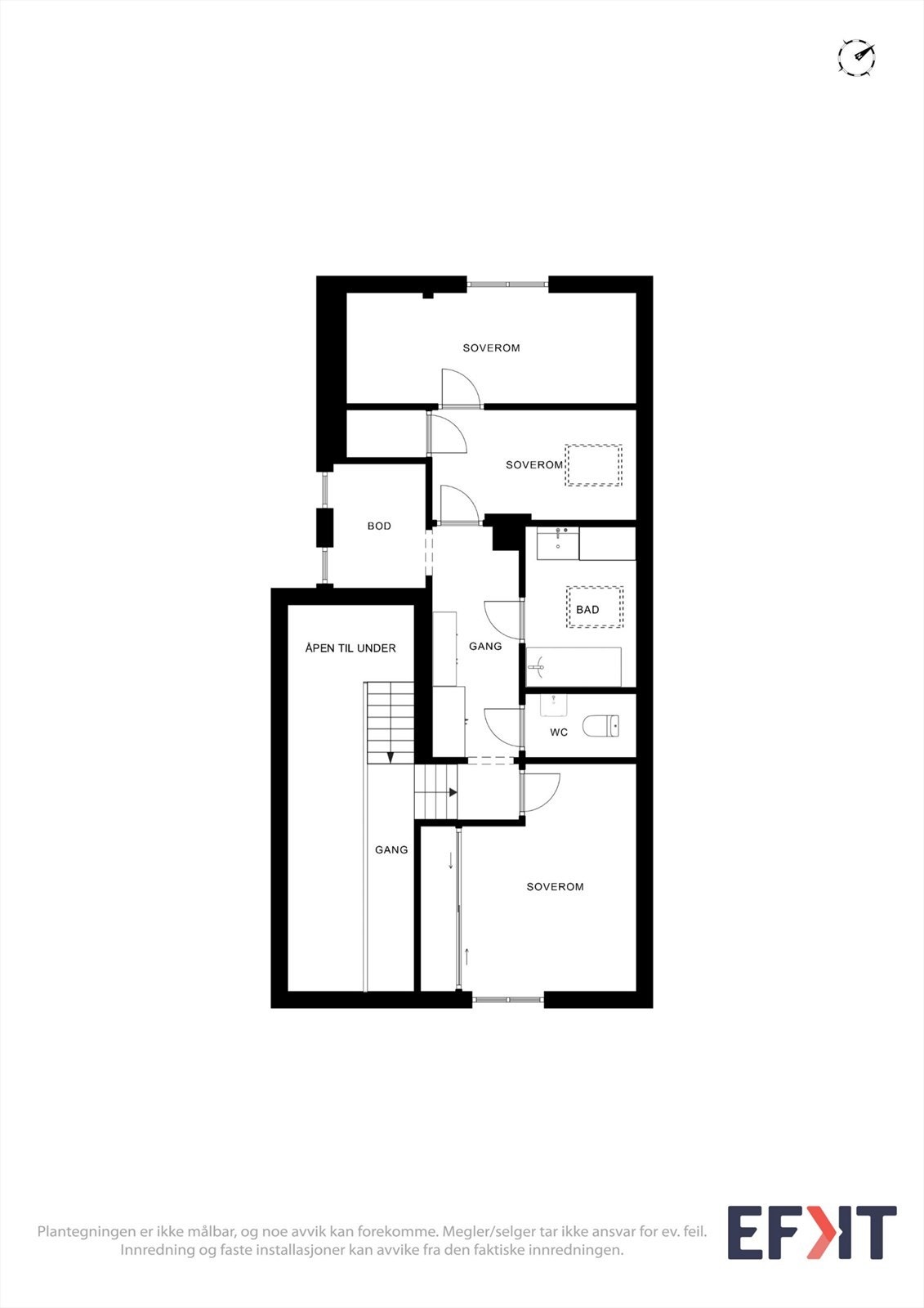 Andre etasje inneholder tre soverom, bad, toalettrom og gang. Galleribilde