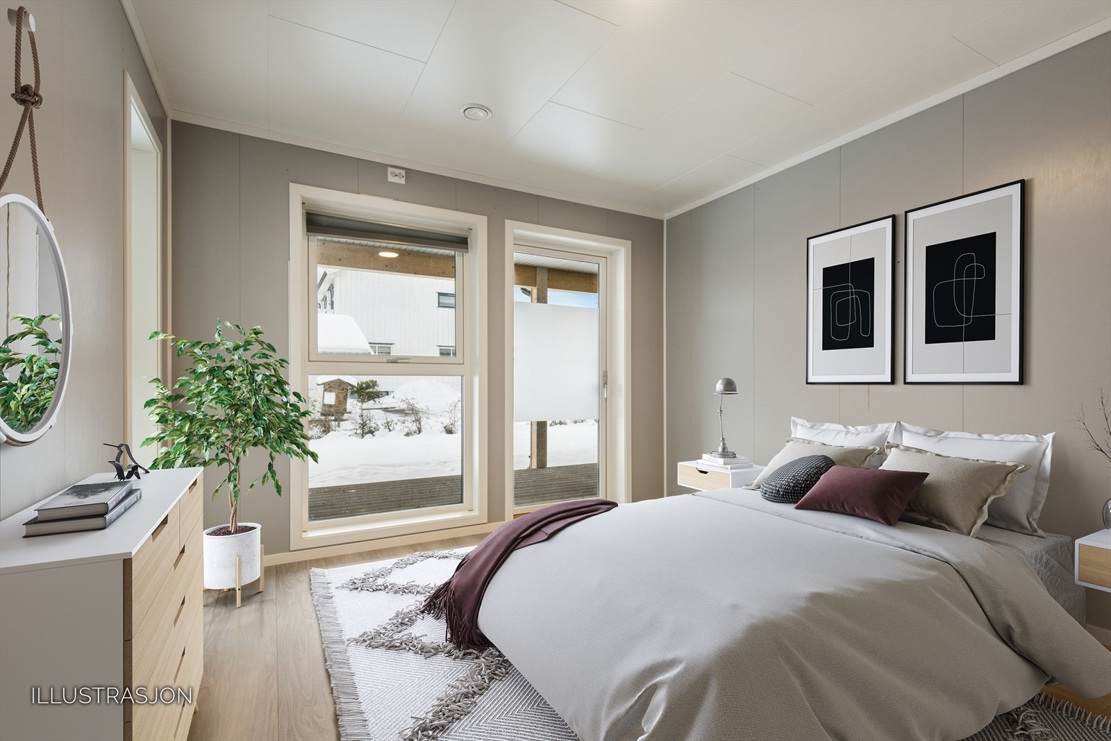 Boligen er innredet med fire romslige soverom. Bildet er digitalt stylet. Galleribilde