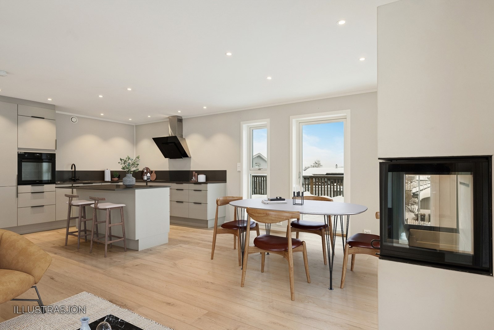 I tilknytning til kjøkkenet, kan spisebord enkelt plasseres - her kan gode måltider nytes. Bildet er digitalt stylet. Galleribilde