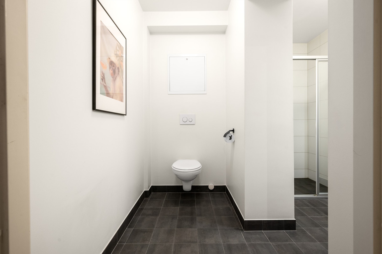 Videre har badet vegghengt klosett. Det er opplegg for vaskemaskin. Galleribilde