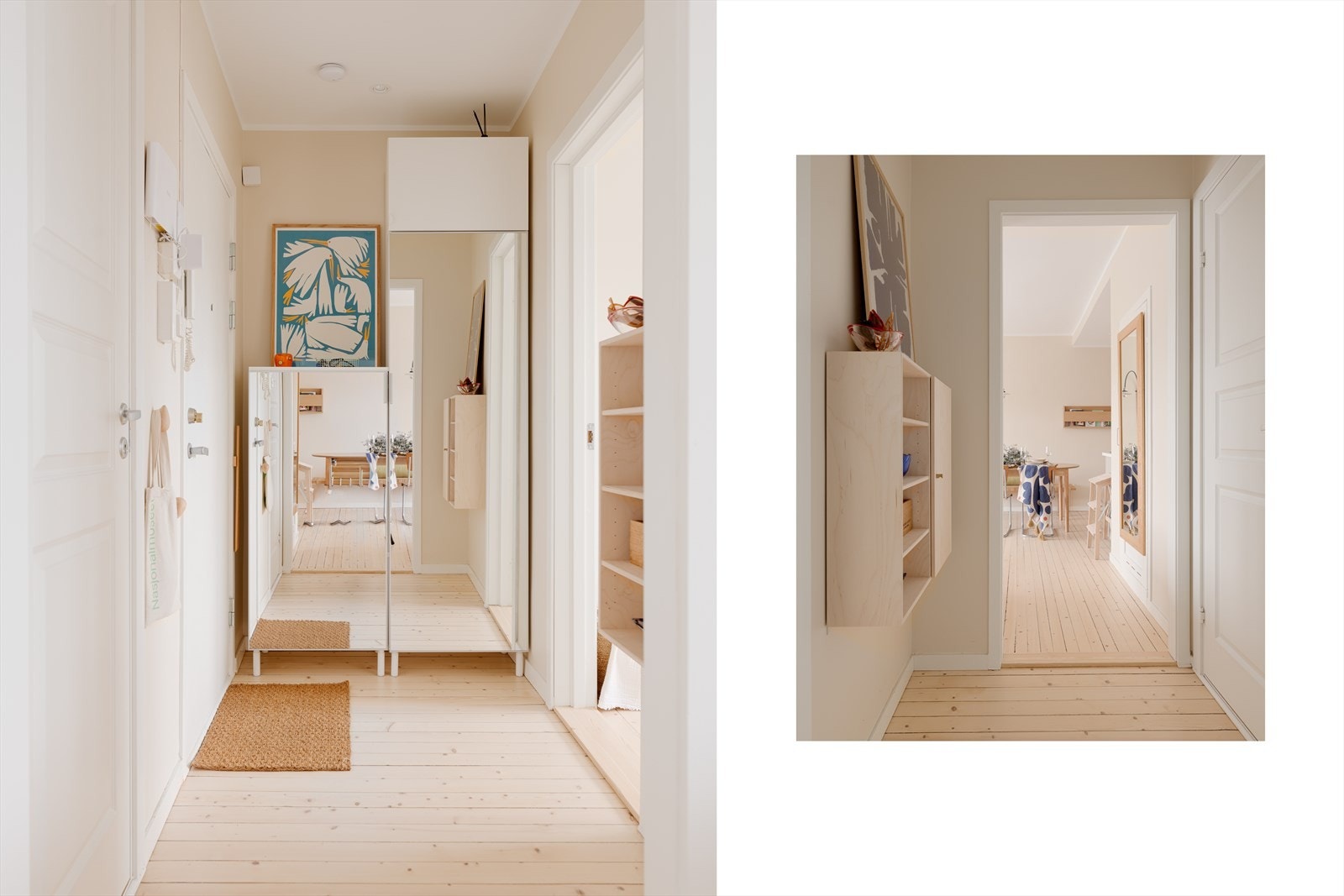 Entréen er utstyrt med et romslig garderobeskap med speilfronter og god belysning fra downlights. Galleribilde