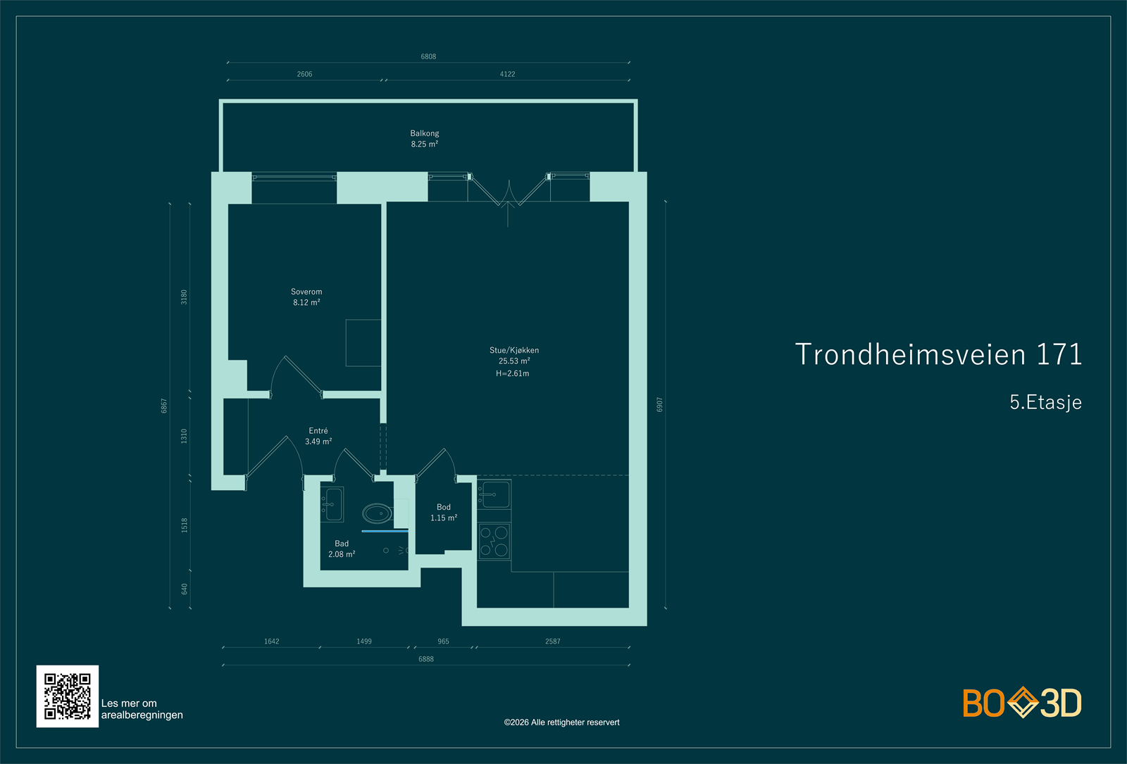 Leiligheten har en arealeffektiv planløsning på 42 m² som omfatter entré, bad, soverom og stue med åpen kjøkkenløsning. Galleribilde