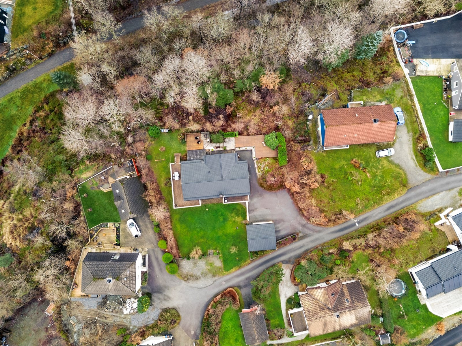 Dronefoto over tomten Galleribilde