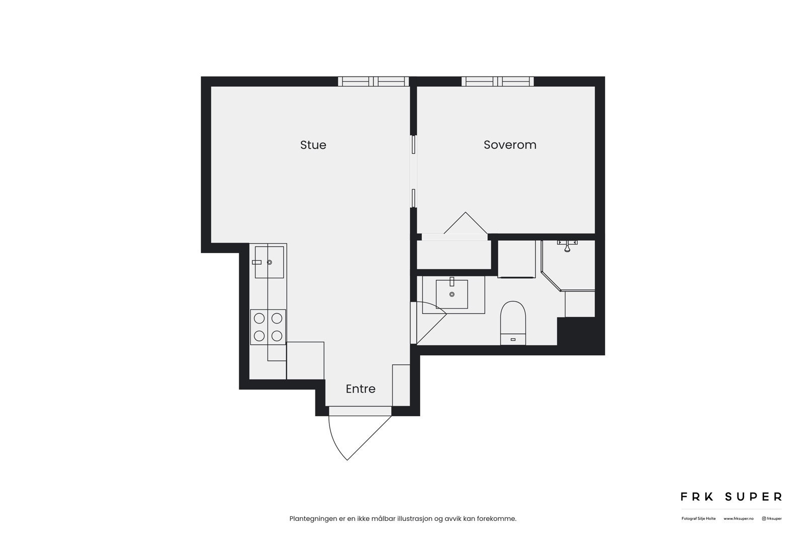 Gjennomtenkt planløsning der entré, kjøkken og stue flyter naturlig sammen. Galleribilde